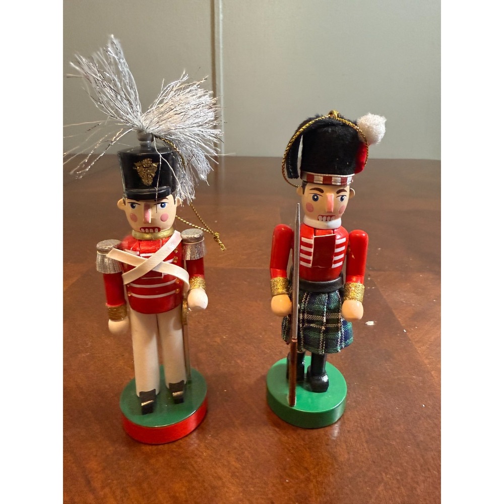 Set of 2 Wooden Nutcracker Soldier Ornaments 5" Red Uniform Christmas Decor Vint